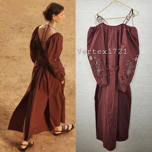 Sz L ZARA NEW WOMAN POPLIN EMBROIDERED DRESS Burgundy 4344/200 Limited Edition